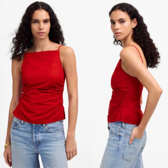 Madewell Ruched Squareneck Tank in Linen-Cotton NWT in Red 2 - Picture 1 of 11